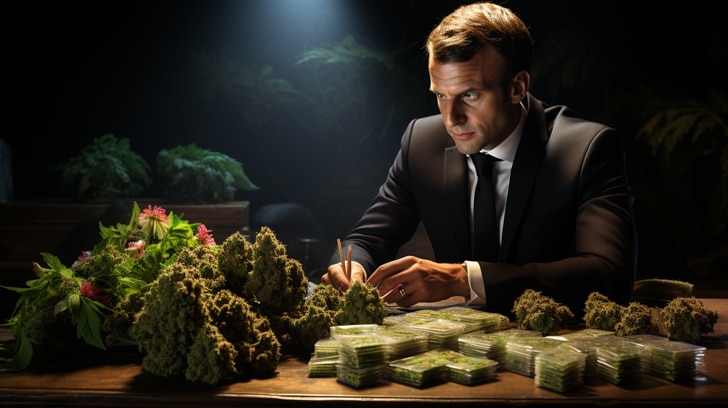 Yoan President Emmanuel Macron table with banknotes and cannabi 5d20f4b6 0f2d 49c9 9508 21fb9e33431d