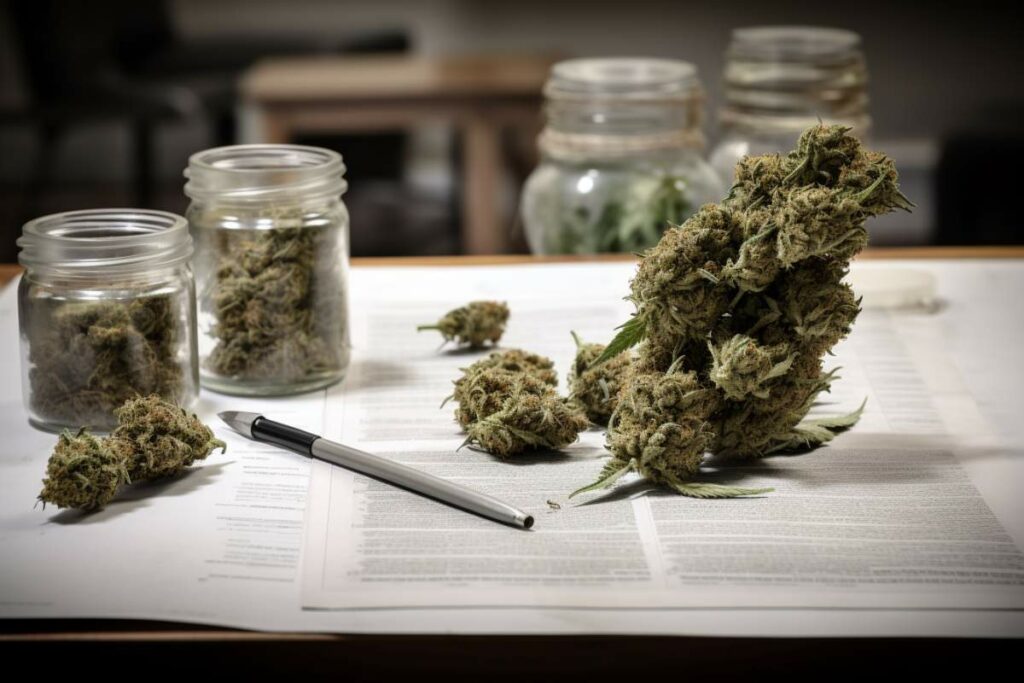 fleurs de cannabis sur un document