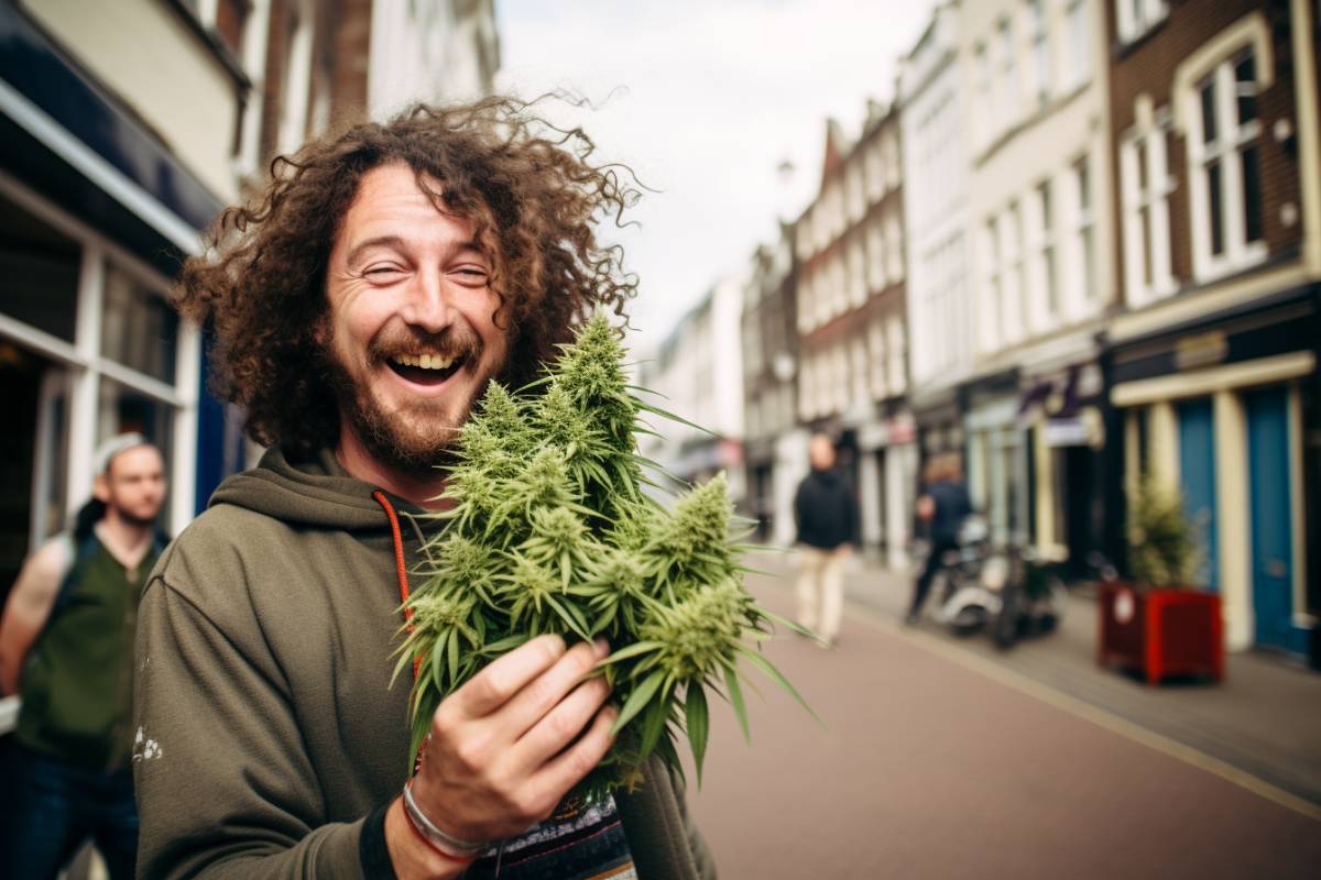 homme content avec des fleurs de cannabis a amsterdam
