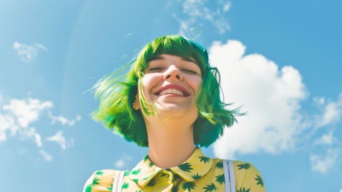 femme heureuse avec un tshirt cannabis