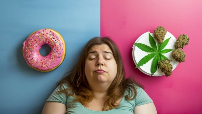 femme obese entourée de produits cbd et donuts
