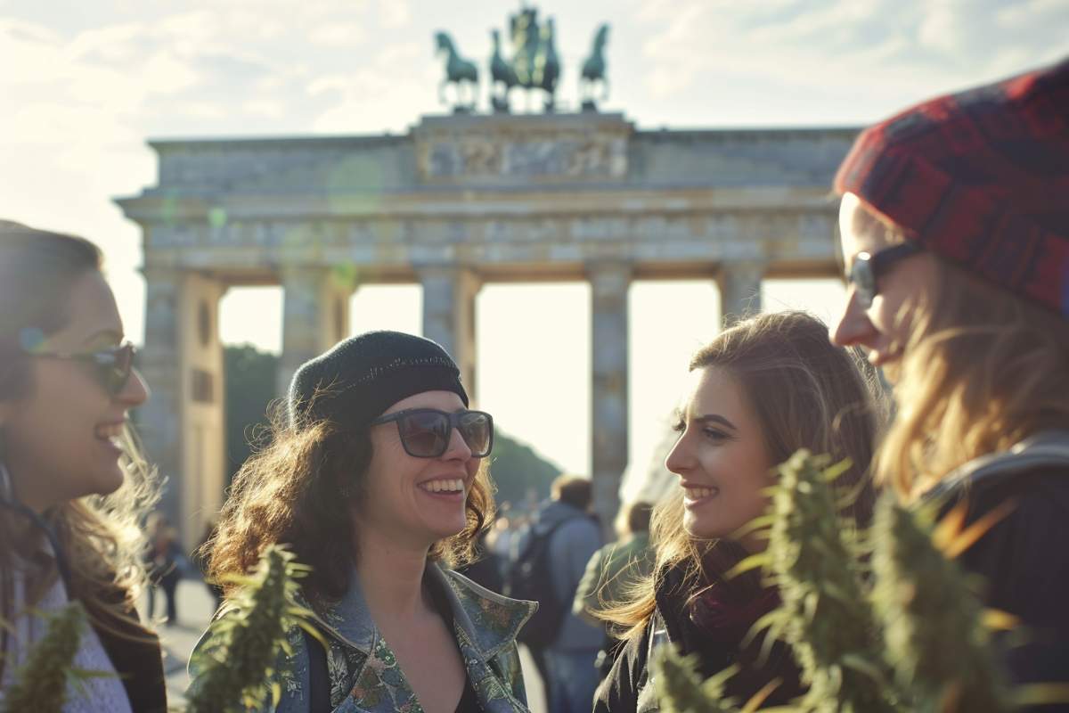 groupe de jeunes allemands à Berlin suite à la legalisation du cannabis