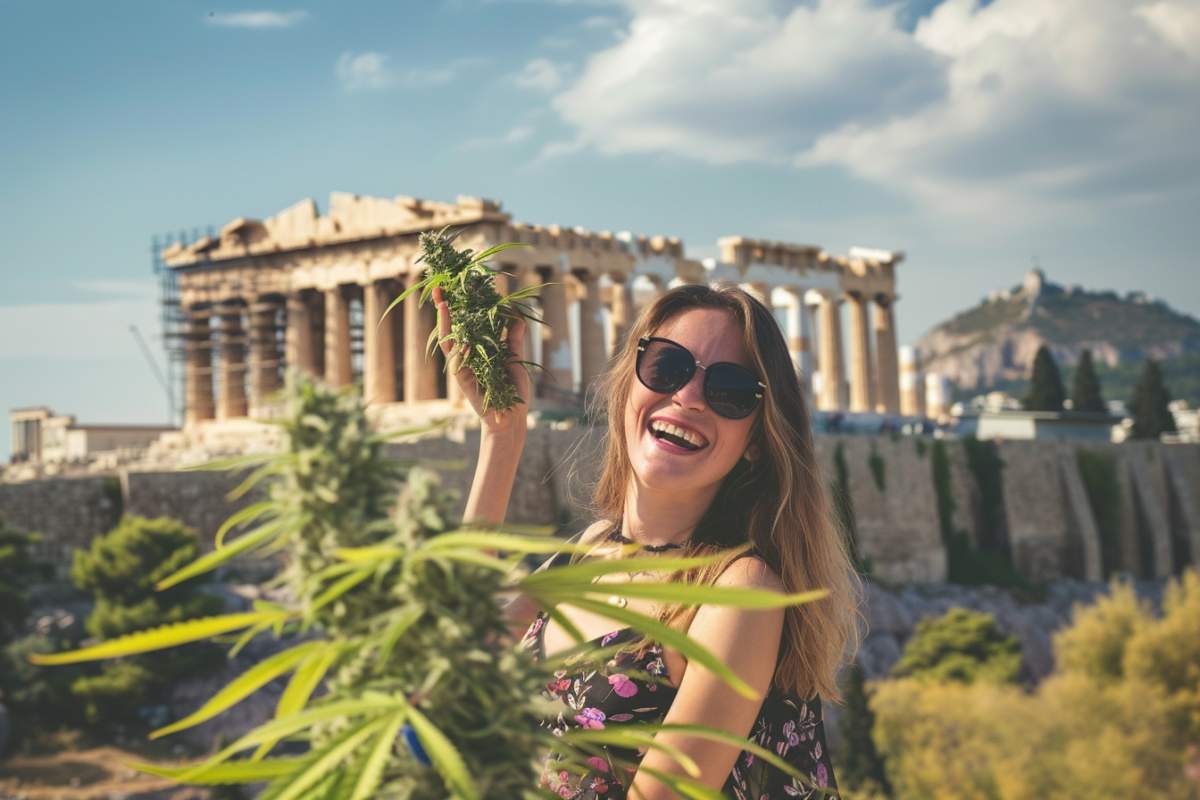 jeune femme avec cannabis devant le Parthénon à Athènes