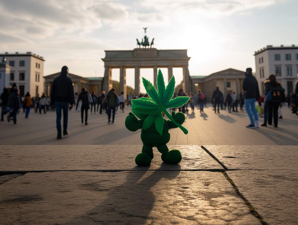 mascotte cannabis devant la porte de Bbrandebourg à Berlin