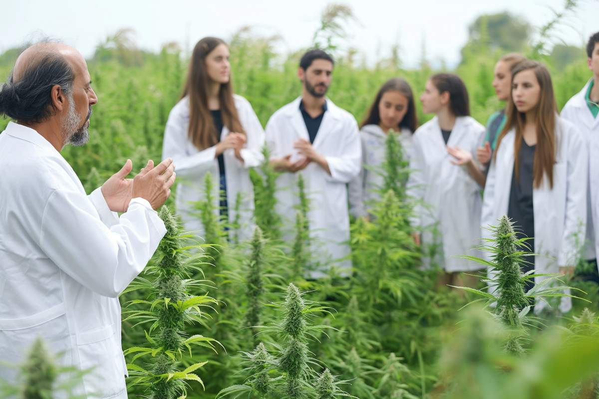 professeur et etudiants dans un champ de cannabis