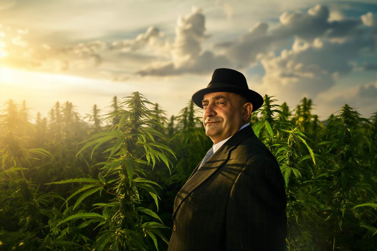 homme à l'apparence trompeuse dans un champ de cannabis