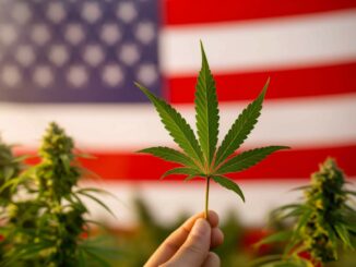 feuille de cannabis devant drapeau etats unis