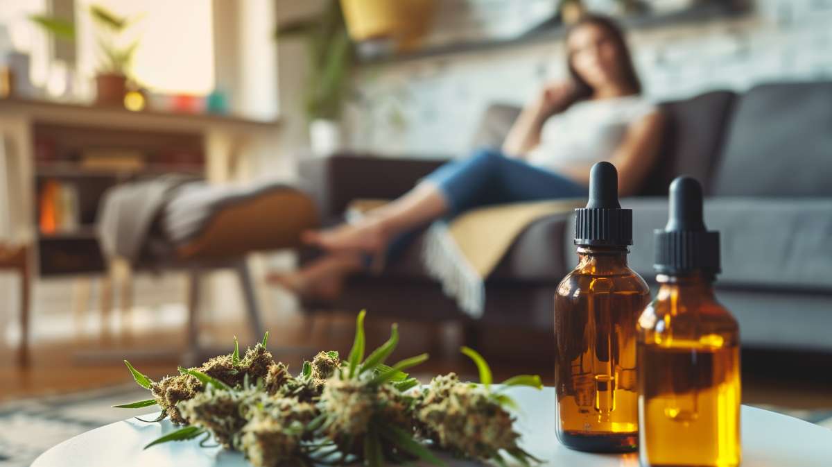 femme relax avec des huiles de cbd et dess fleurs de cbg