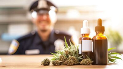 policier américain devant fleurs et huile de chanvre