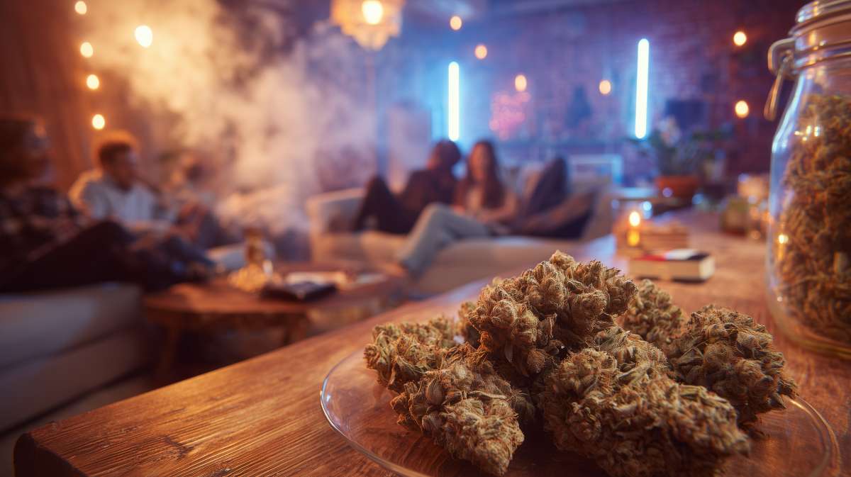 Des fleurs de cannabis et des jeunes en soirée