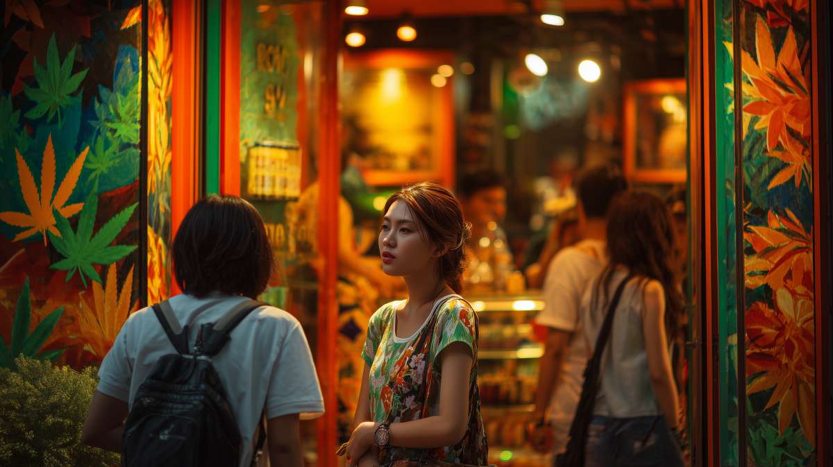 Des passants devant une boutique de cannabis en Thaïlande