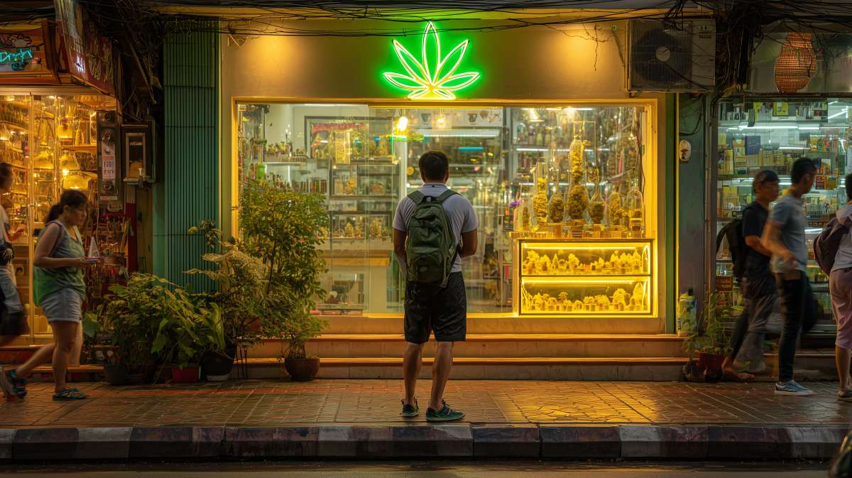 un touriste devant un cannabis shop