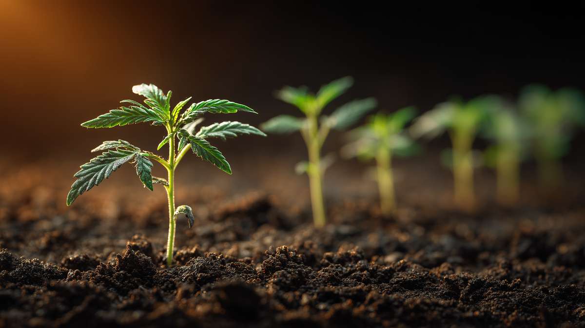 Petits plants de chanvre en terre