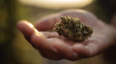 Une main tenant une fleur de cannabis