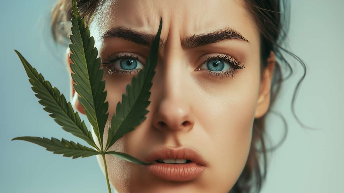 femme en colère avec feuille de cbd