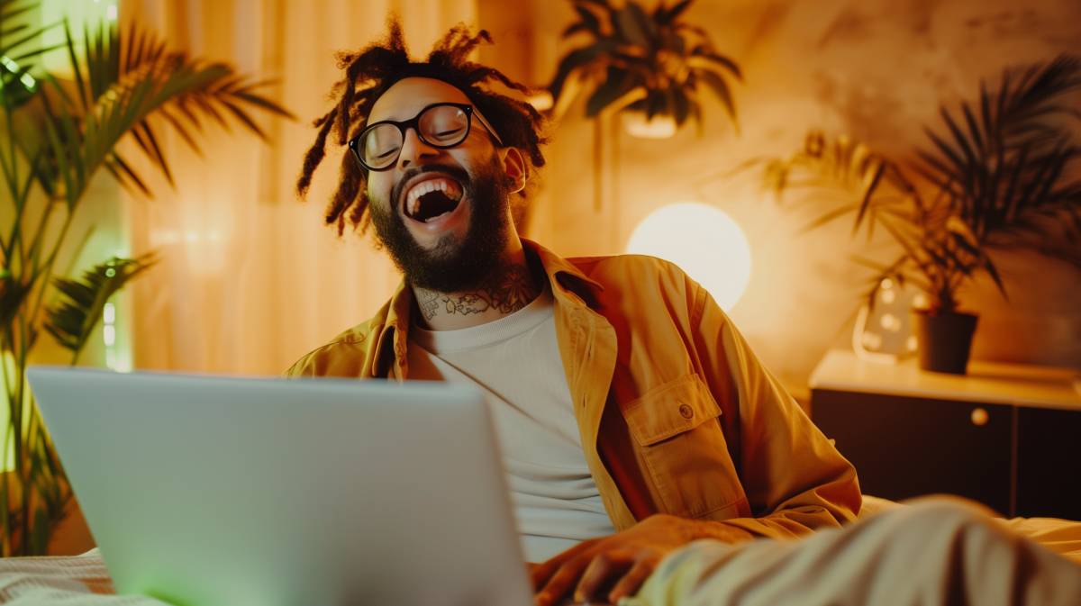 homme qui se marre devant une promo cbd