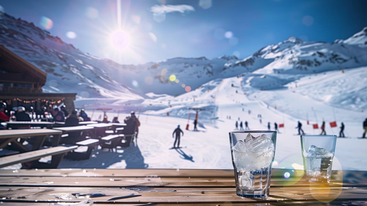 verres alcool devant pistes de ski