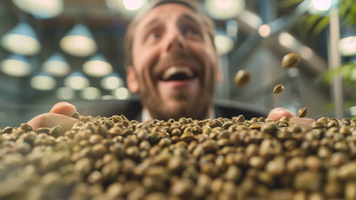 businessman devant des graines de cannabis