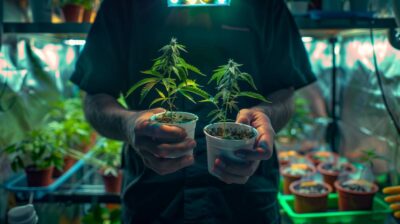 homme qui tient des plantes de cannabis dans un cannabis social club a malte