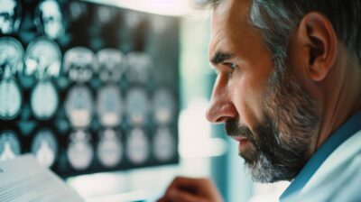 un docteur devant des images de cerveaux