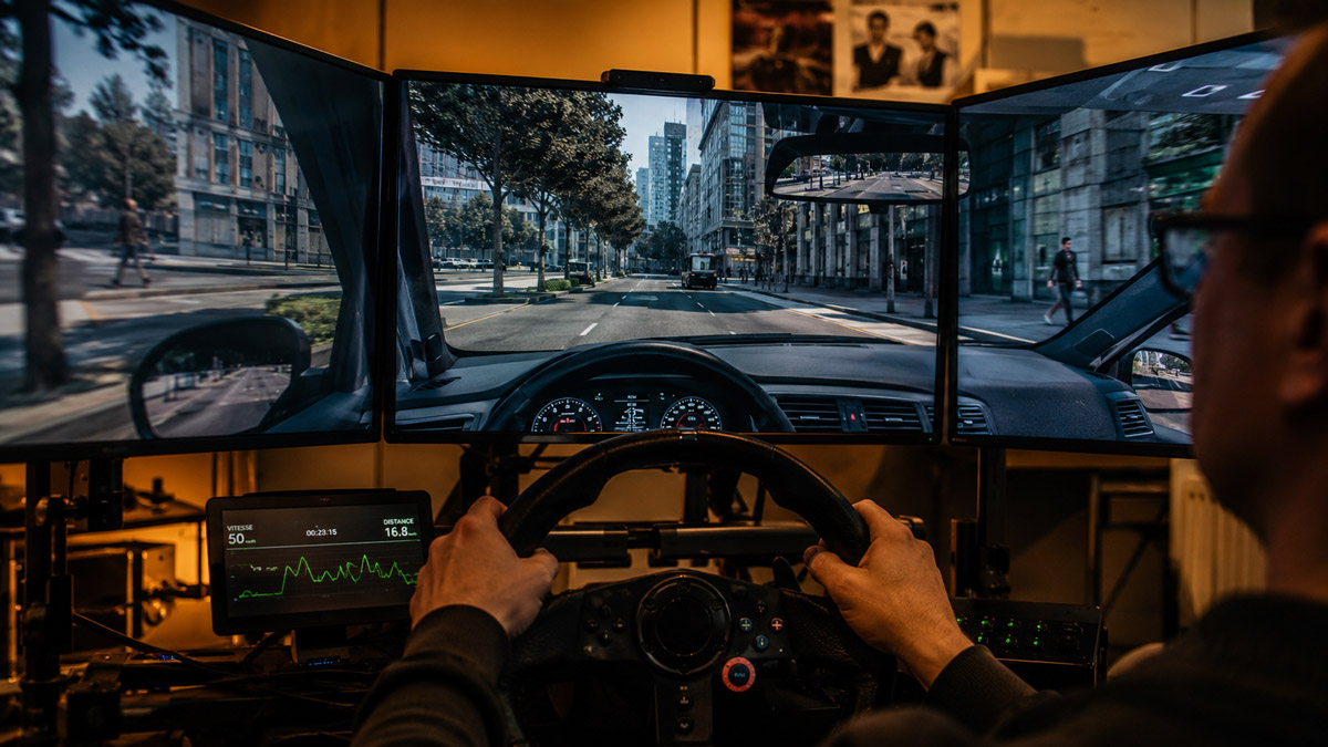 homme sur un simulateur de conduite