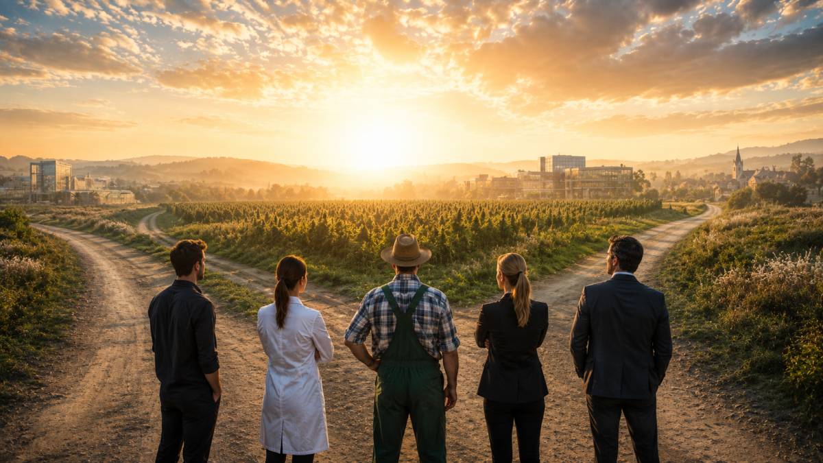 Croisement devant champ de cannabis au lever du soleil