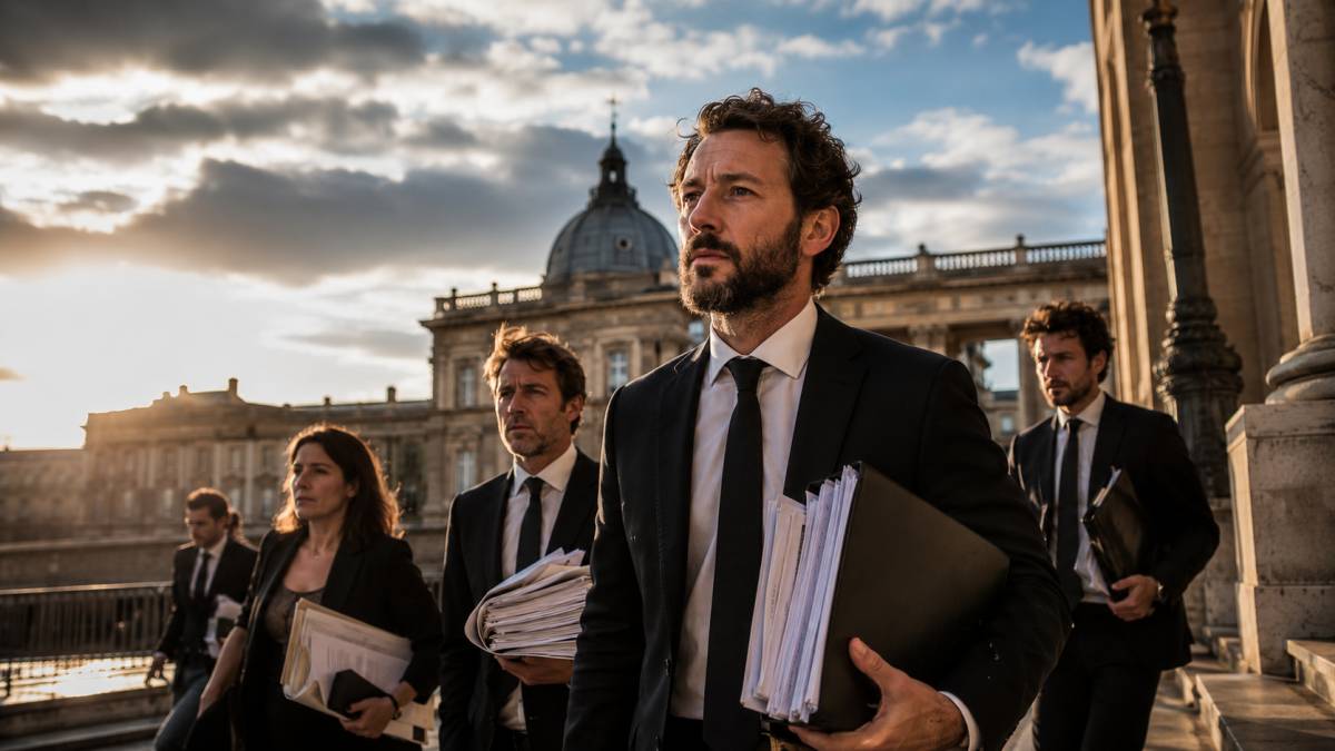 Professionnels devant un bâtiment néoclassique