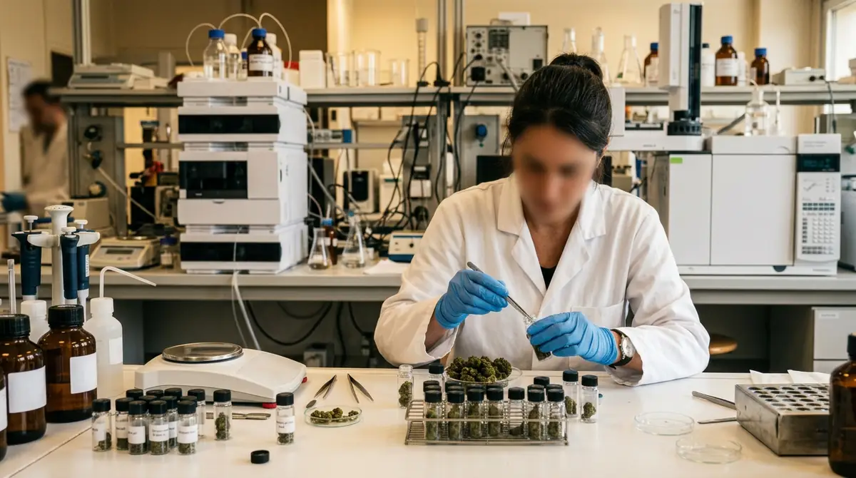 Analyse en laboratoire de fleurs de chanvre saisies dans des flacons en verre