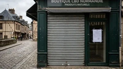 Boutique de CBD fermée avec rideau métallique baissé et avis administratif sur la porte en Normandie