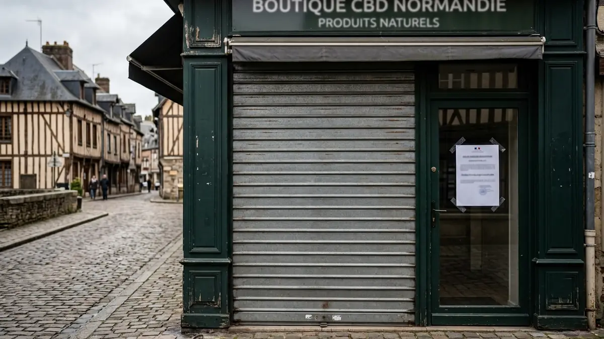 Boutique de CBD fermée avec rideau métallique baissé et avis administratif sur la porte en Normandie