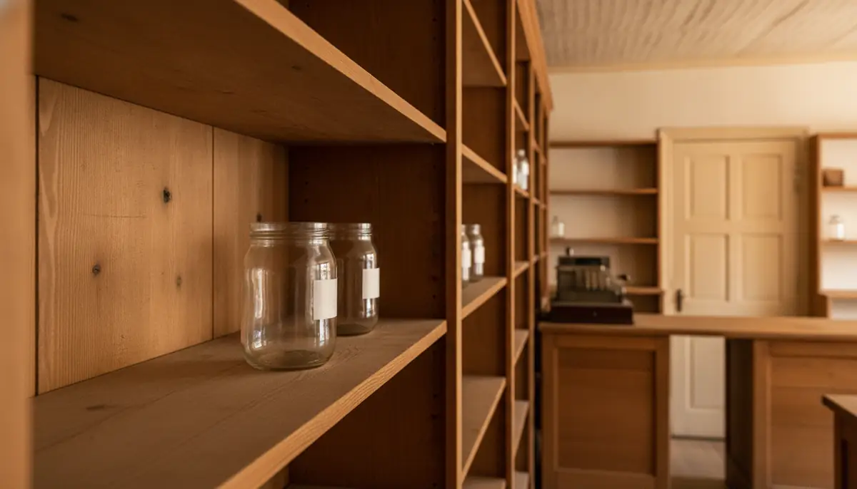 Rayonnages en bois presque vides dans une boutique de produits de chanvre