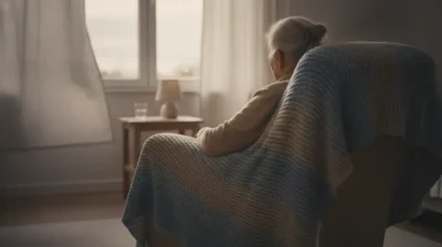 Personne âgée assise près d'une fenêtre dans une chambre calme et lumineuse
