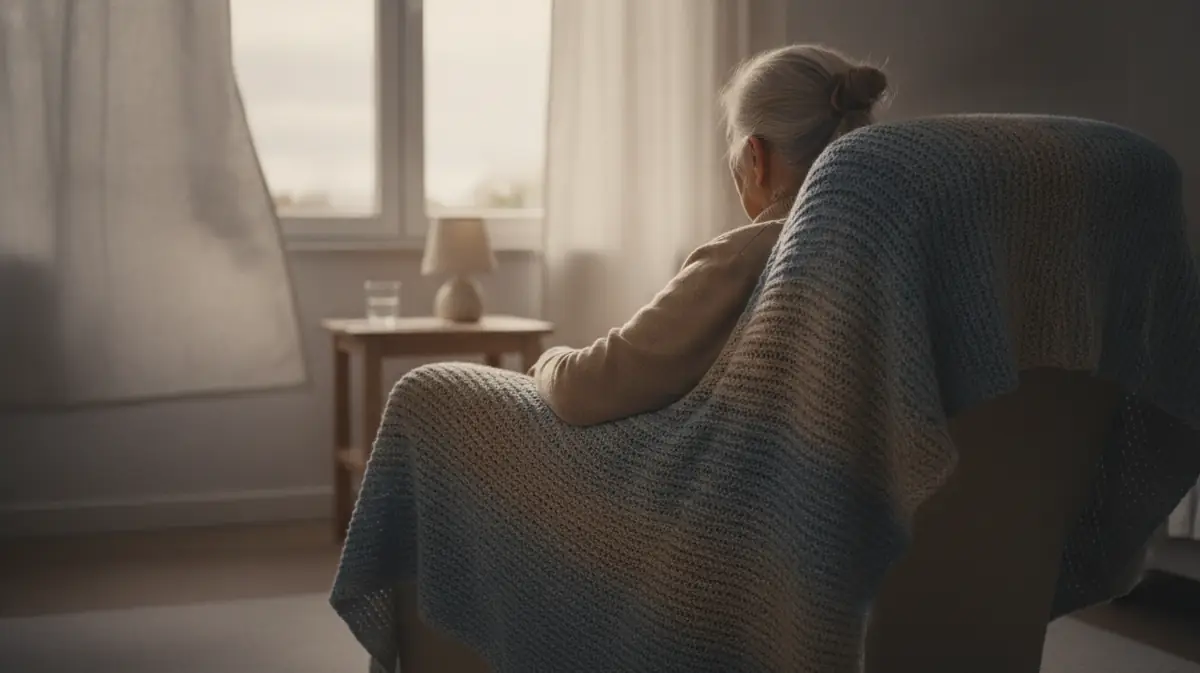 Personne âgée assise près d'une fenêtre dans une chambre calme et lumineuse