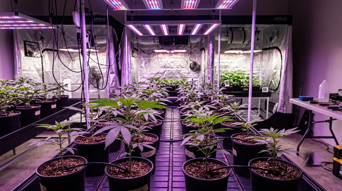 Plants de cannabis en culture intérieure sous éclairage LED horticole coloré
