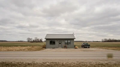 Petit dispensaire de cannabis aux lumières éteintes le long d'une route rurale de l'Ontario au Canada