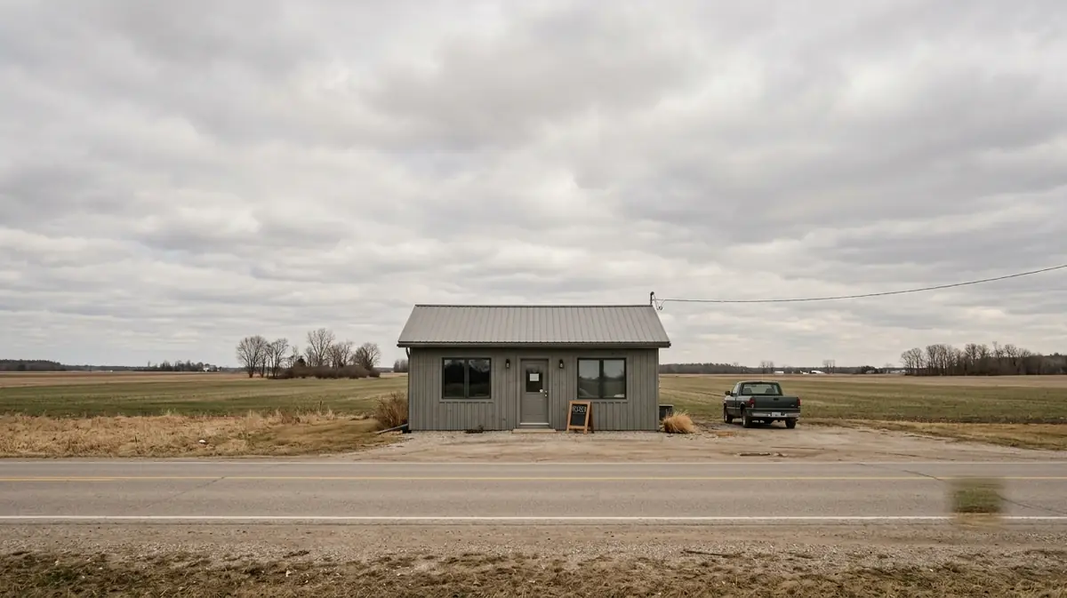 Petit dispensaire de cannabis aux lumières éteintes le long d'une route rurale de l'Ontario au Canada