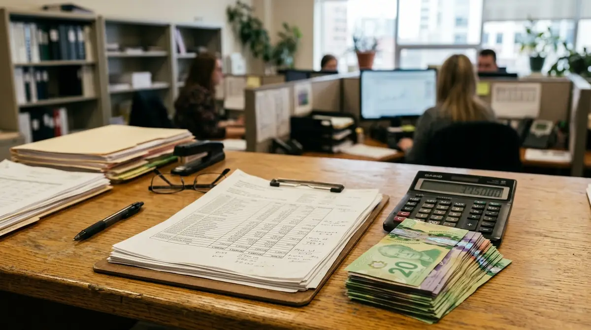 Billets de dollars canadiens sur un bureau avec documents comptables