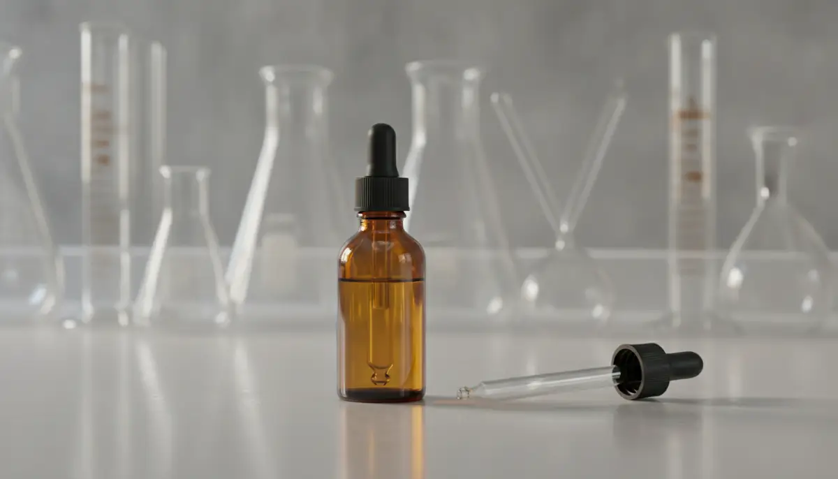 Flacon compte-gouttes d'huile posé sur une paillasse de laboratoire