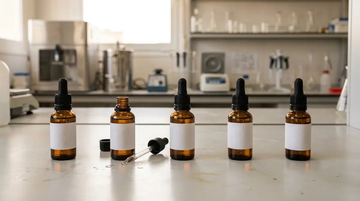 Main gantee remplissant une pipette de solution huileuse a cote de flacons dans un laboratoire pharmaceutique