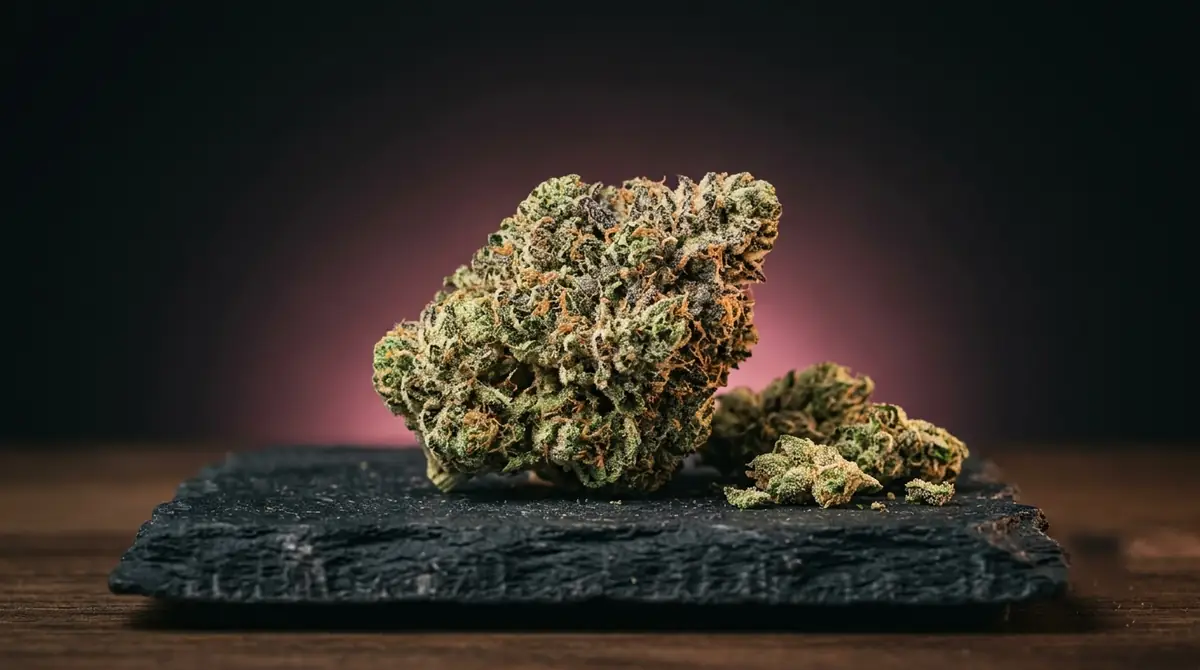 Fleur de cannabis dense en gros plan sur ardoise, halo rose en studio