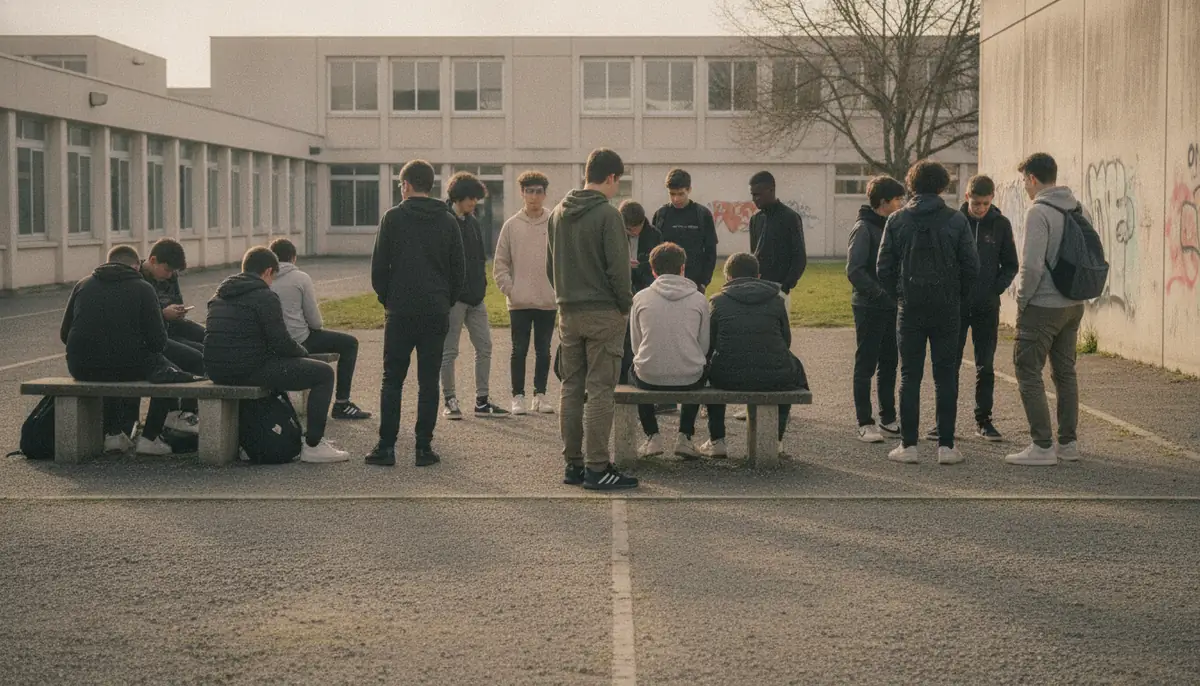 Groupe de lycéens discutant dans une cour de récréation en France