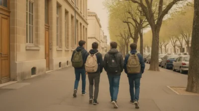 Lycéens marchant devant un établissement scolaire français en fin de journée