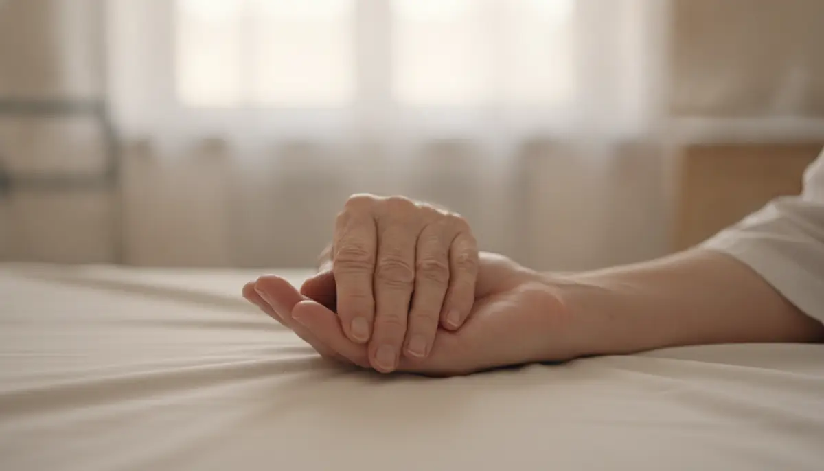 Main d'une personne âgée tenue par celle d'un soignant dans une chambre lumineuse
