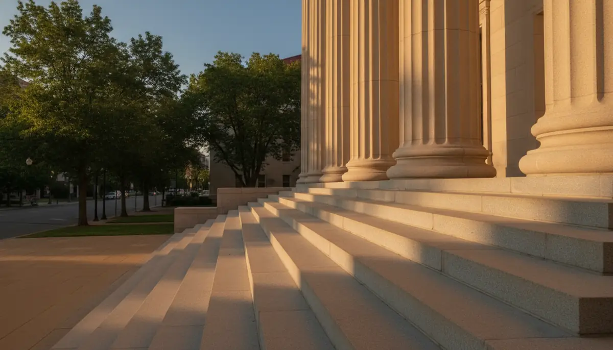 Marches et colonnes d'un palais de justice américain en fin de journée