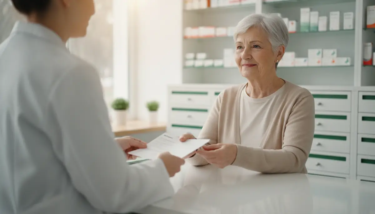 Comptoir de pharmacie où une pharmacienne remet une ordonnance à un patient