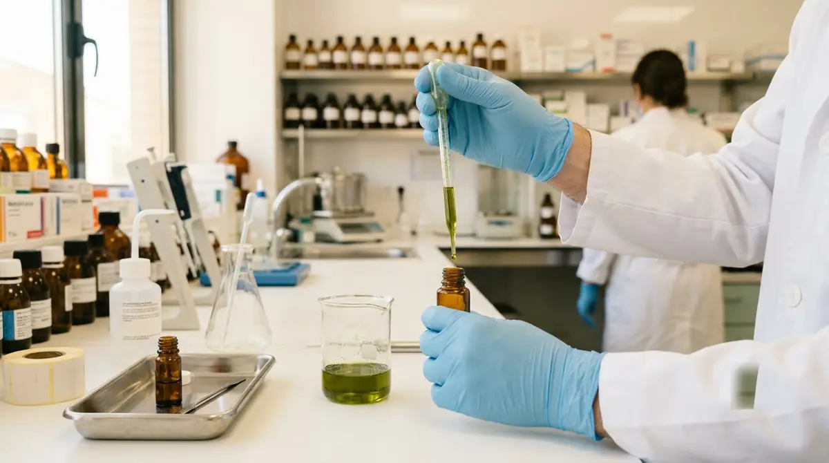 Pharmacien en blouse blanche preparant une solution orale en flacon ambre dans une pharmacie hospitaliere