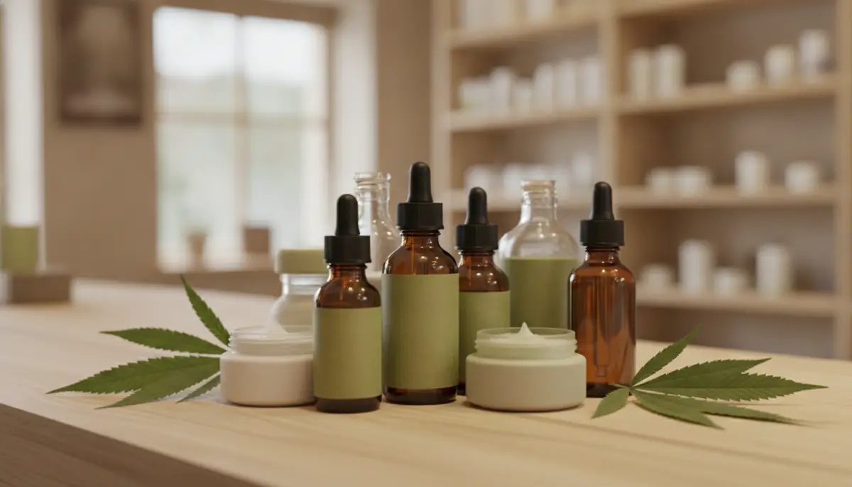 Flacons de complements alimentaires et de cosmetiques au CBD alignes sur un rayon de parapharmacie