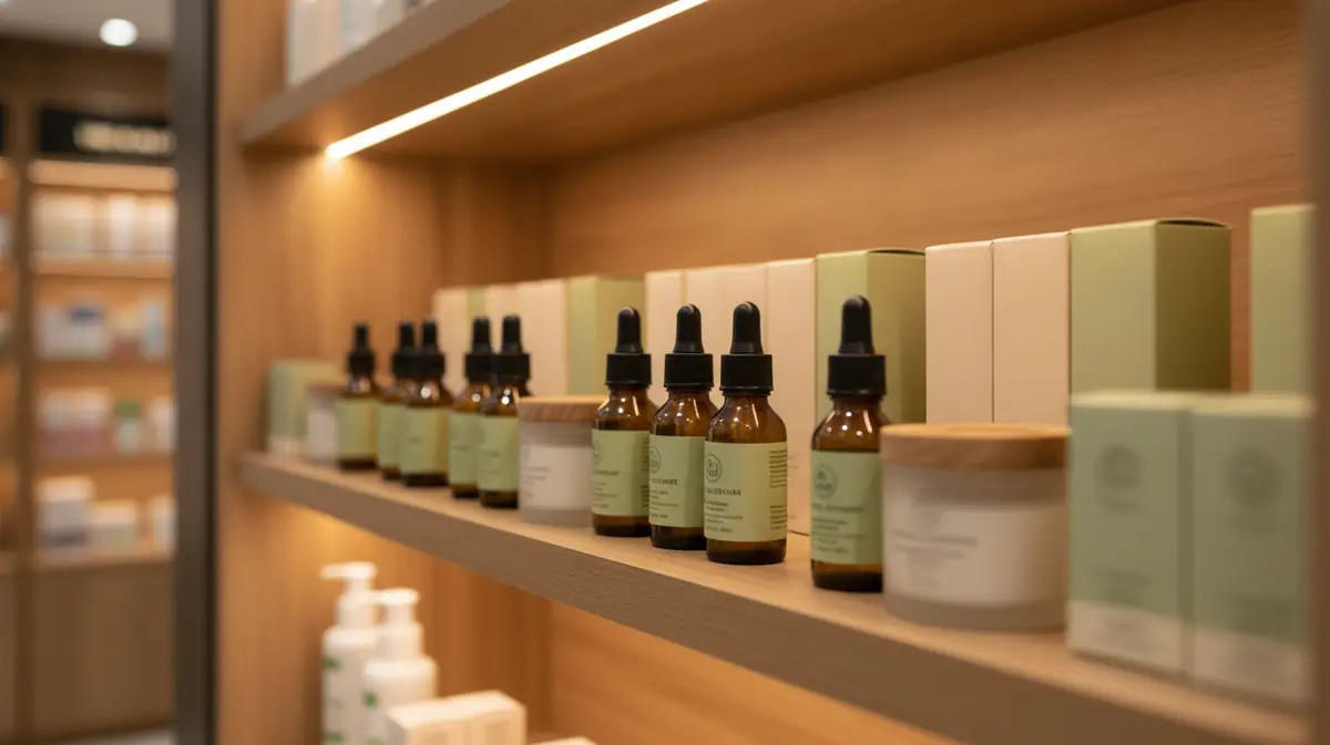 Rayon de parapharmacie présentant des flacons et boîtes de produits de bien-être au CBD