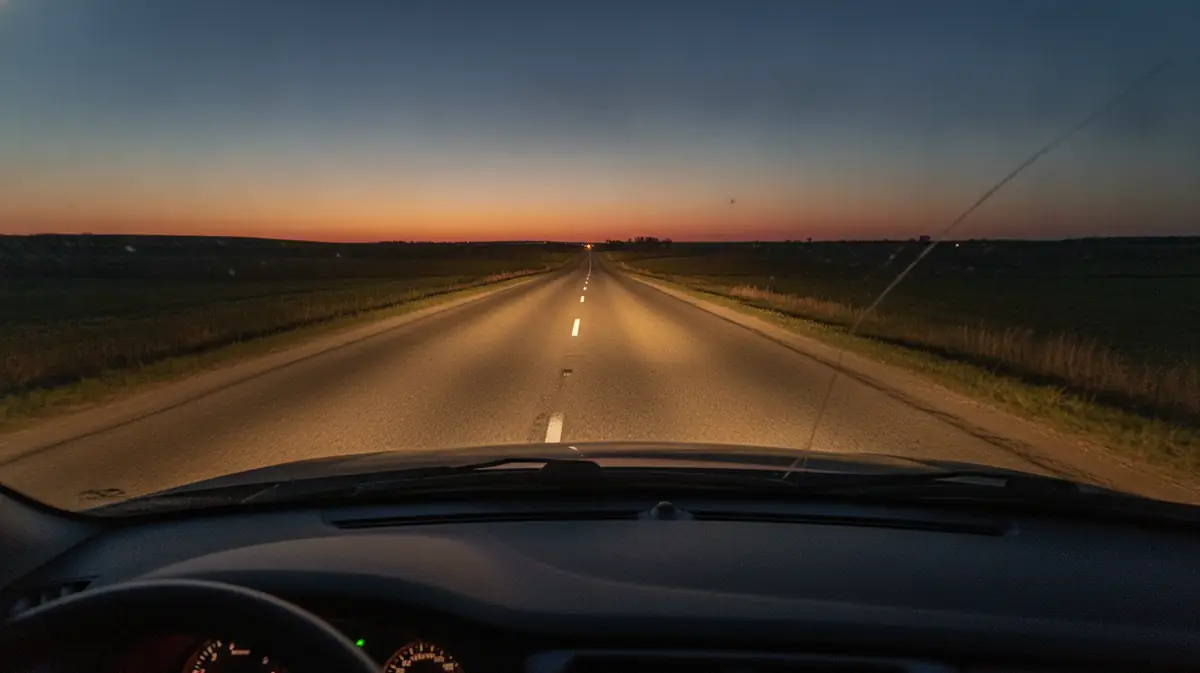Route de campagne au crepuscule vue depuis l'interieur d'une voiture, phares allumes