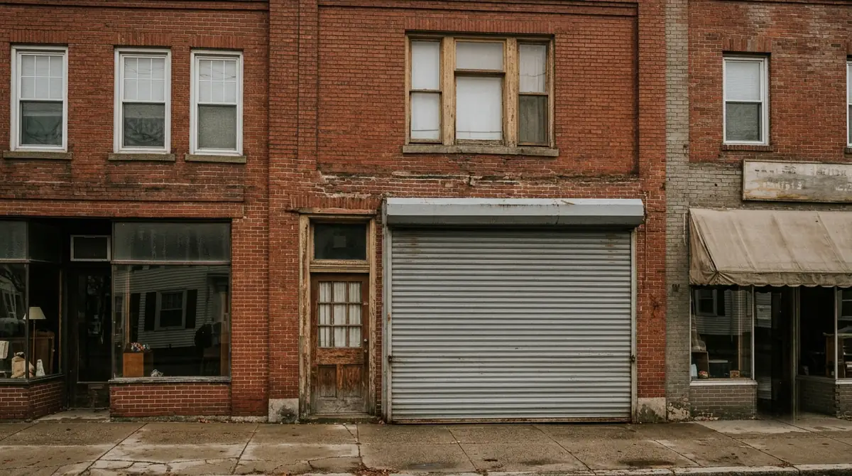 Rue commerçante américaine avec un local vide au rideau baissé dans le Massachusetts